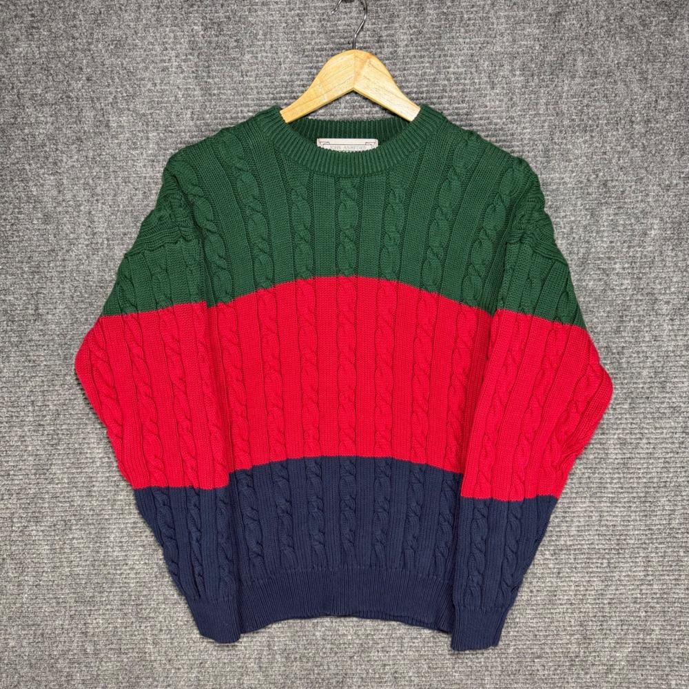 John Ashford Mens Cable Knit Sweater Green Red Navy Blue Colorblock Cotton M